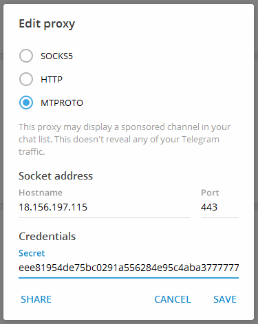 Proxy settings for Telegram with MTProxy (MTProto)