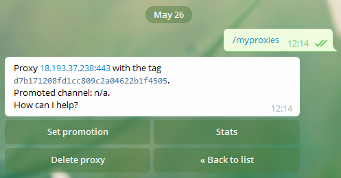 MTProxy - Registering Telegram proxy with bot @MTProxybot