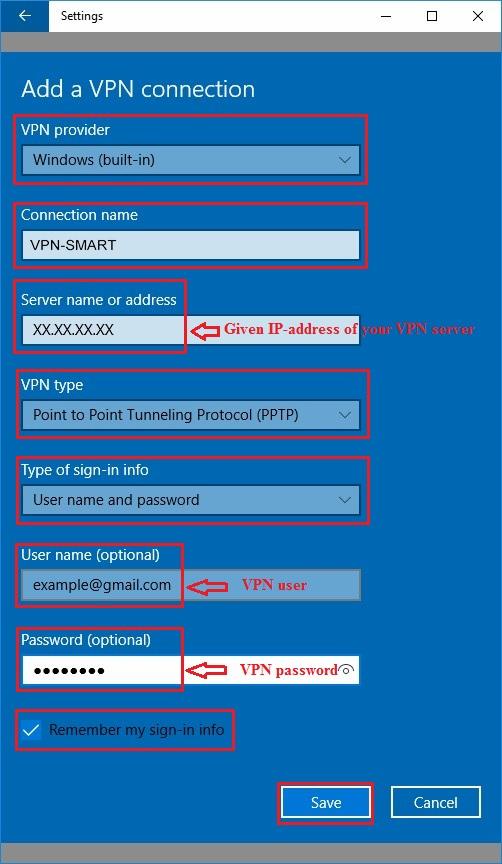 Configure VPN PPTP in Windows 10. Step 5.