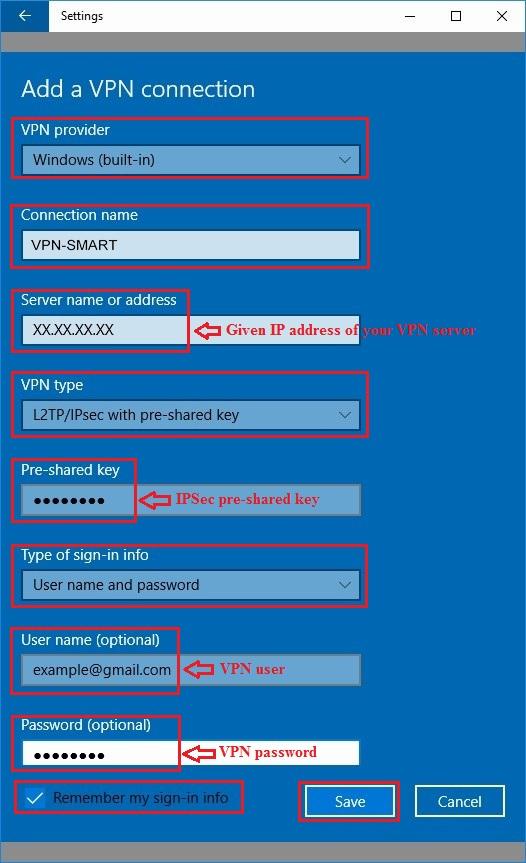 Configure VPN L2TP/IPSec in Windows 10. Step 6.